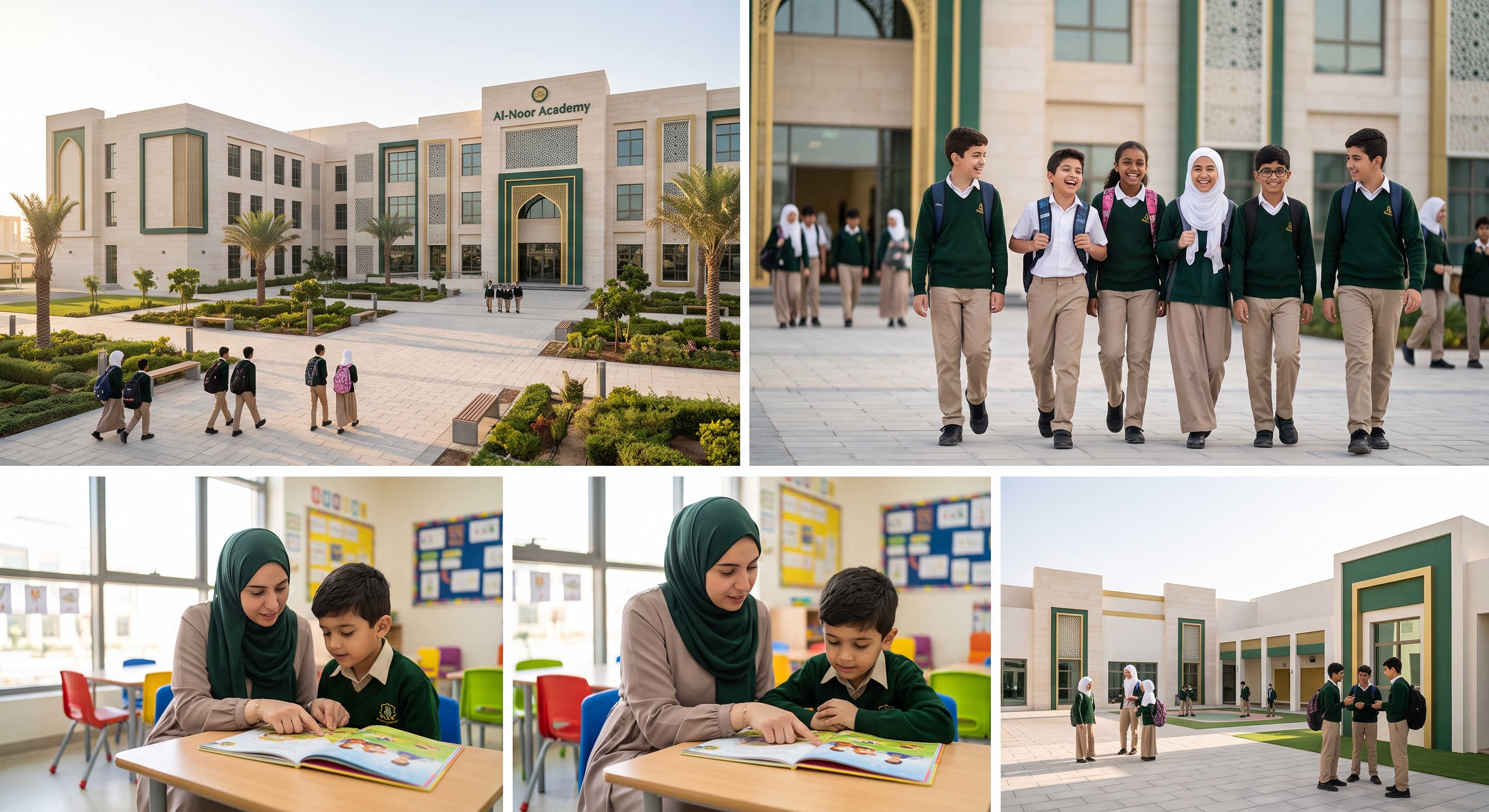 Al-Noor Academy campus building and students on the grounds