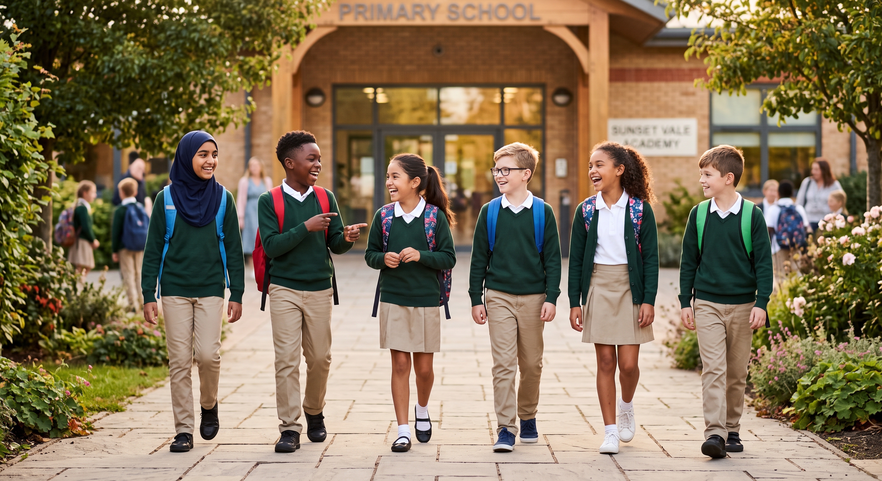 Students walking together outside the school entrance