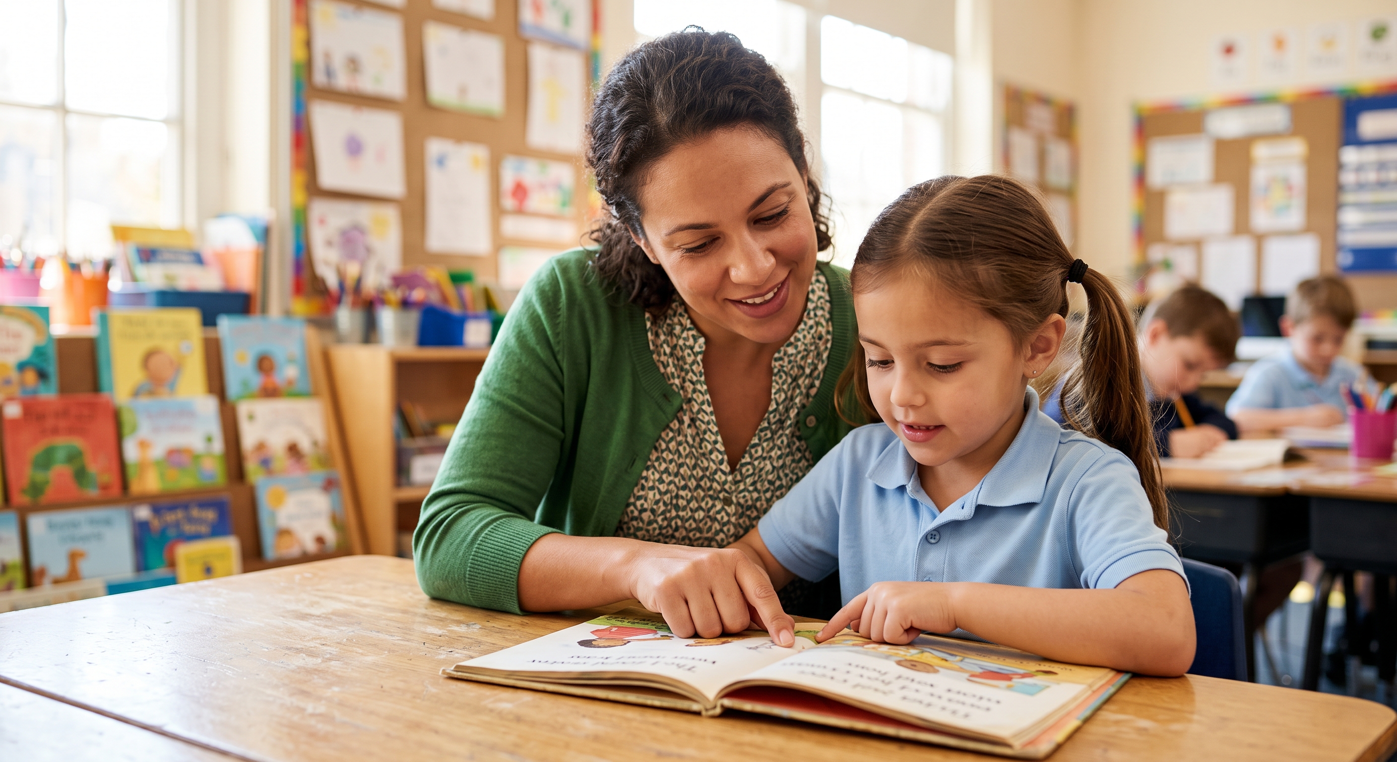 Teacher helping a young student read a picture book in the classroom